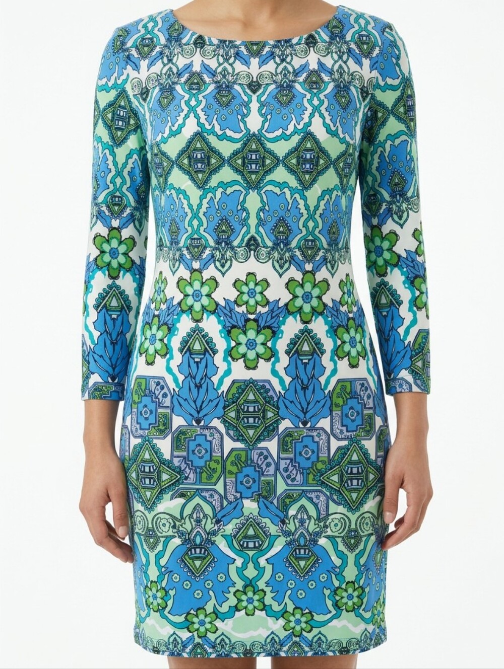 NWT London Times Blue & Green Printed Long Sleeve Sheath Dress 10